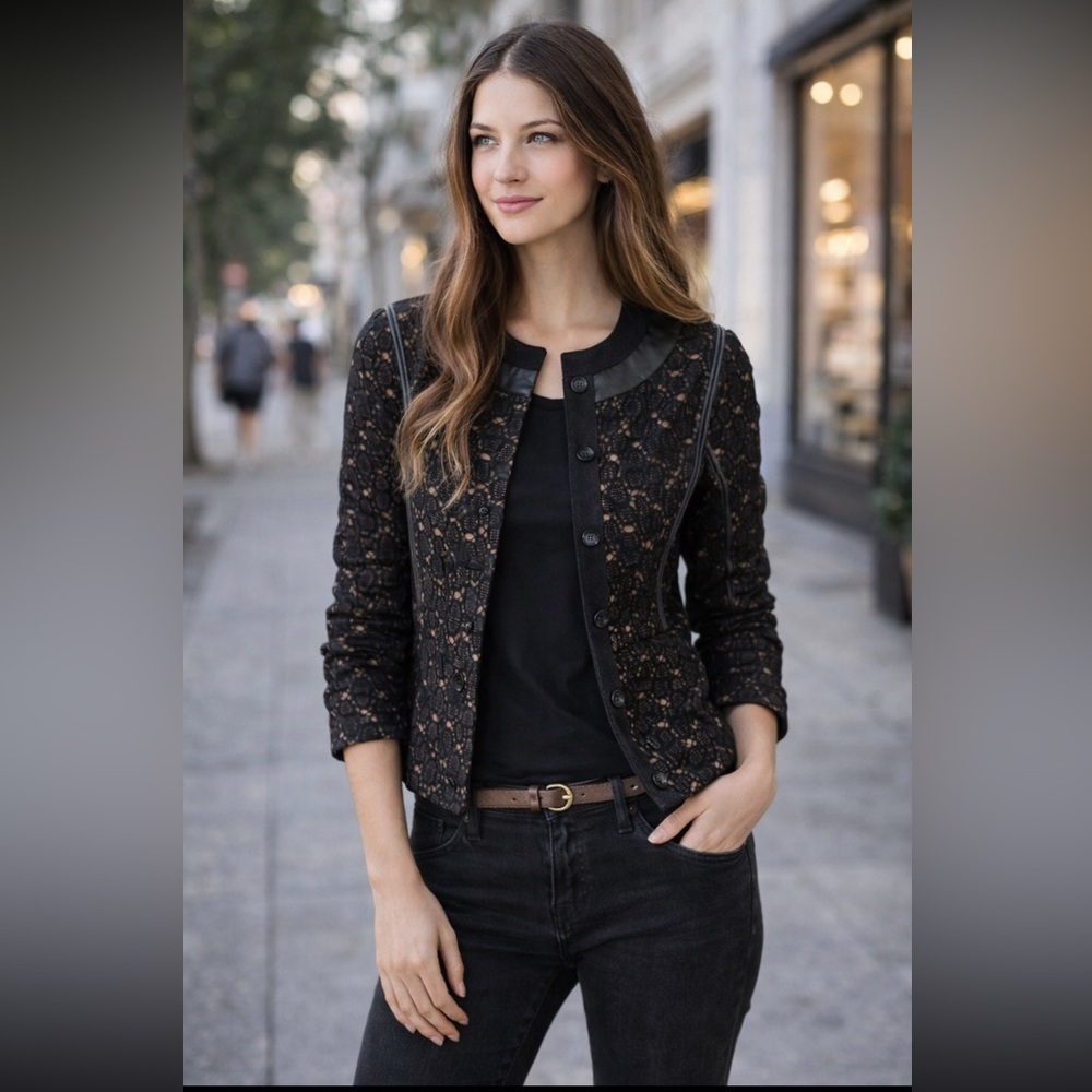 Like New Diane Von Furstenberg Maya Lace Floral Leather Trim Jacket Black Sz 4